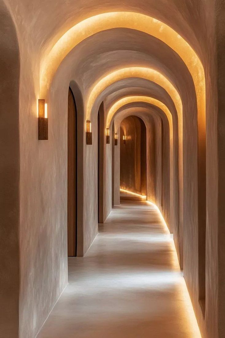 Vaulted corridor in amber light