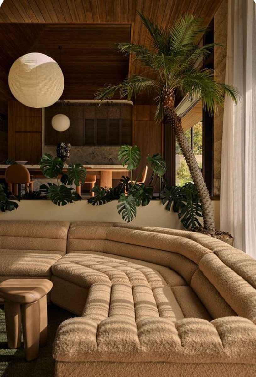 Deep sofa, palms and wood