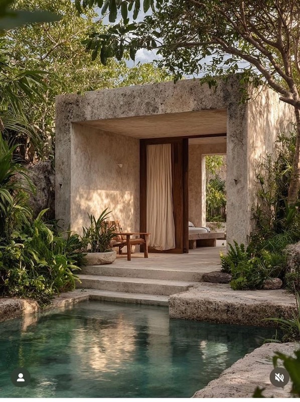 Lodge reference: stone pavilion with linen curtain and pool